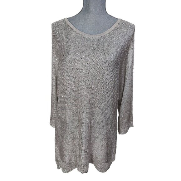 ECI NY Open Shoulder Pullover Sweater Womens XL Silver Sequin Keyhole Back Party - Picture 1 of 9